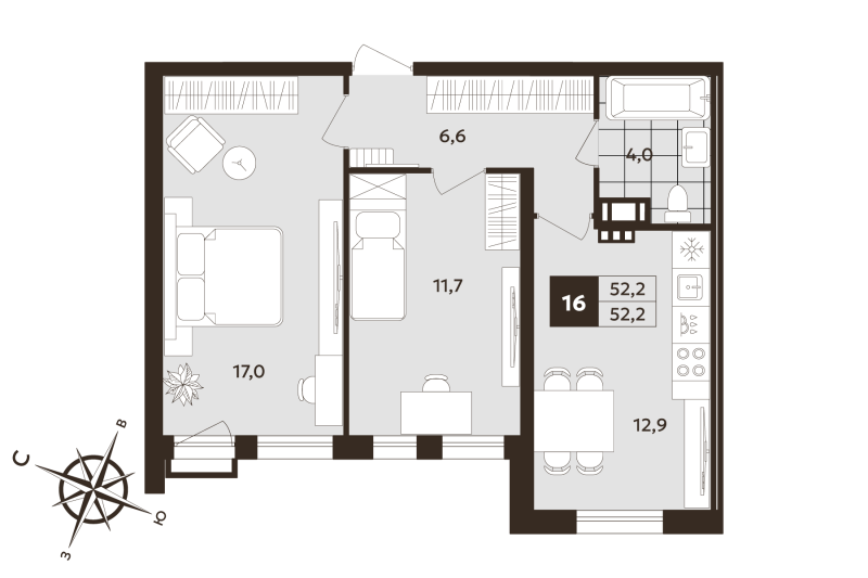 2-комнатная квартира, 52.2 м² в ЖК "Дом на Бронницкой" - планировка, фото №1