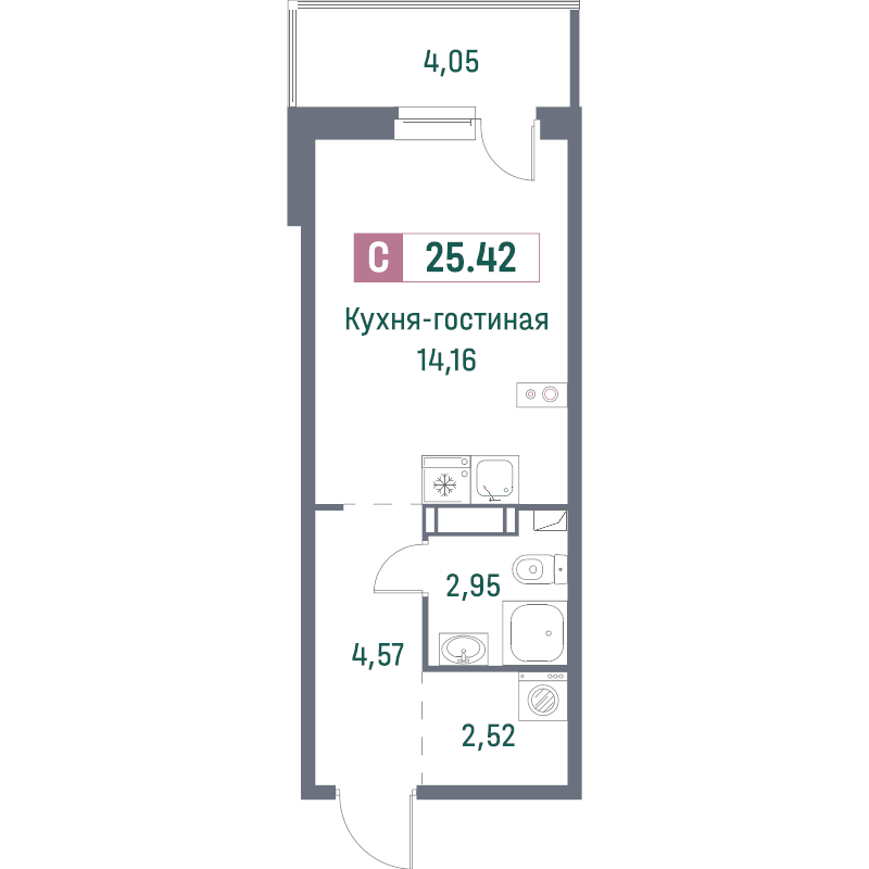 Квартира-студия, 25.42 м² - планировка, фото №1