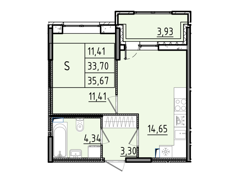 1-комнатная квартира, 35.67 м² в ЖК "Аквилон RekaPark" - планировка, фото №1