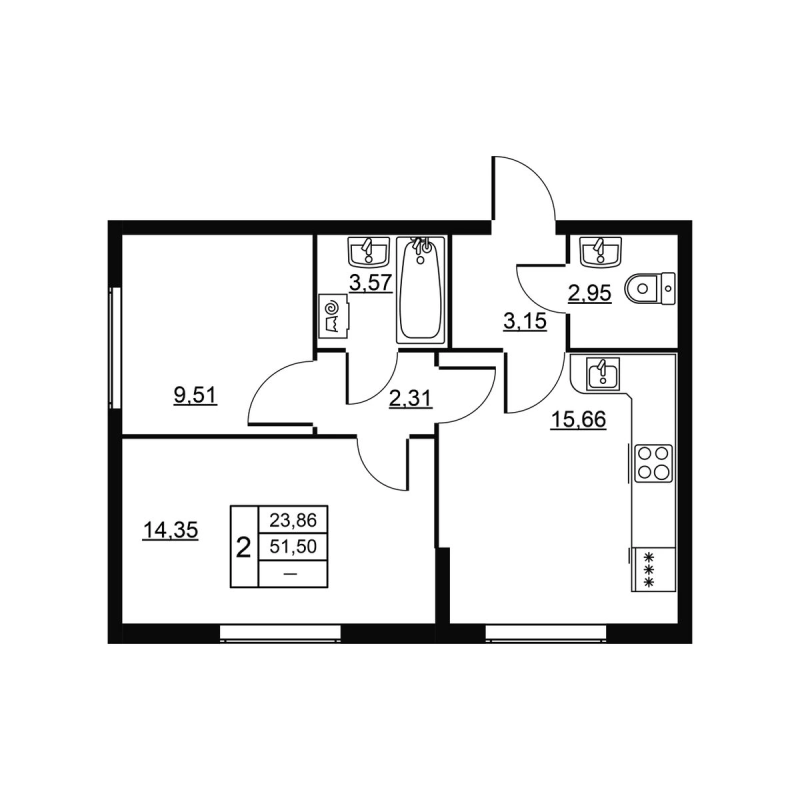 3-комнатная (Евро) квартира, 51.5 м² в ЖК "Высота. Новодевяткино" - планировка, фото №1