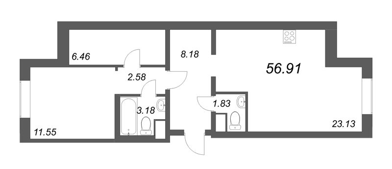 2-комнатная (Евро) квартира, 56.91 м² в ЖК "ID Kudrovo" - планировка, фото №1