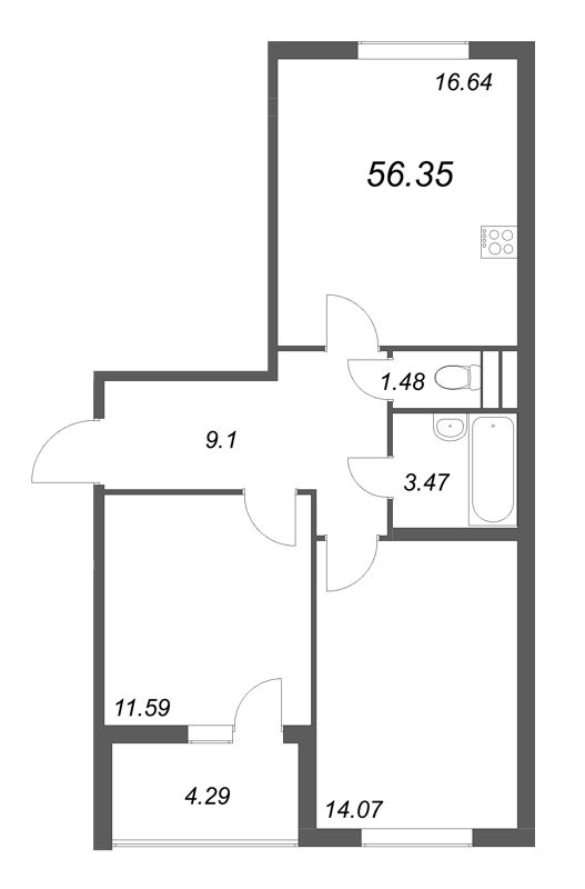 3-комнатная (Евро) квартира, 56.35 м² - планировка, фото №1