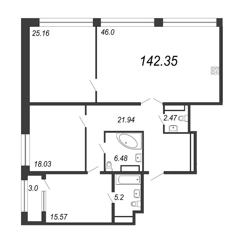 4-комнатная (Евро) квартира, 142.35 м² в ЖК "Дефанс Премиум" - планировка, фото №1