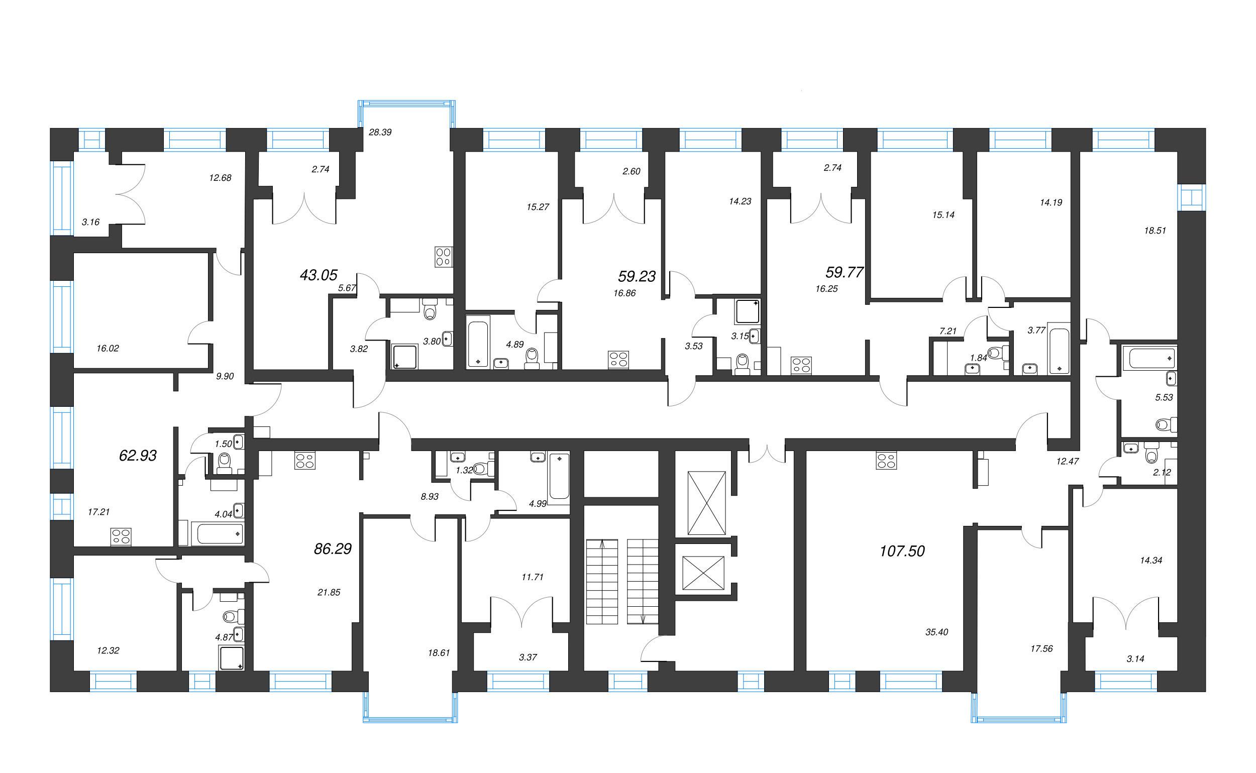 2-комнатная квартира, 62.93 м² в ЖК "Наука" - планировка этажа