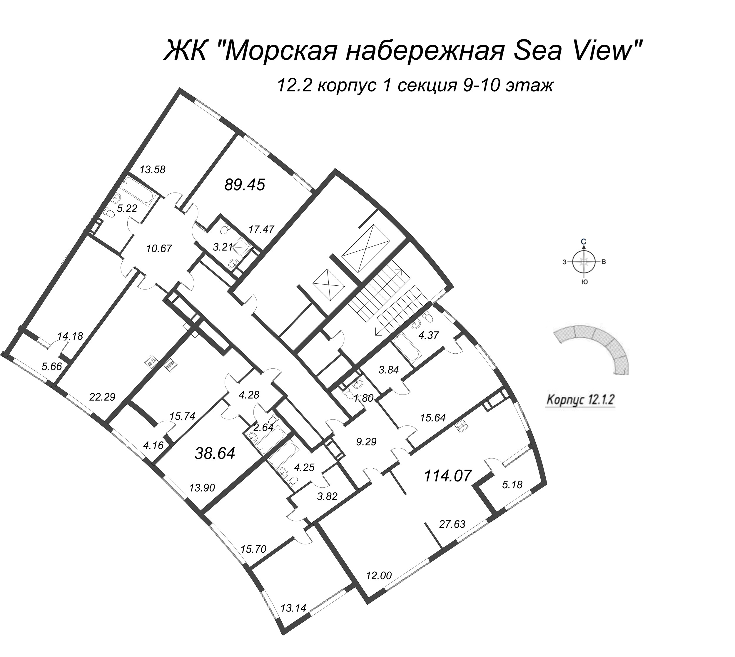 3-комнатная (Евро) квартира, 88.94 м² в ЖК "Морская набережная. SeaView" - планировка этажа