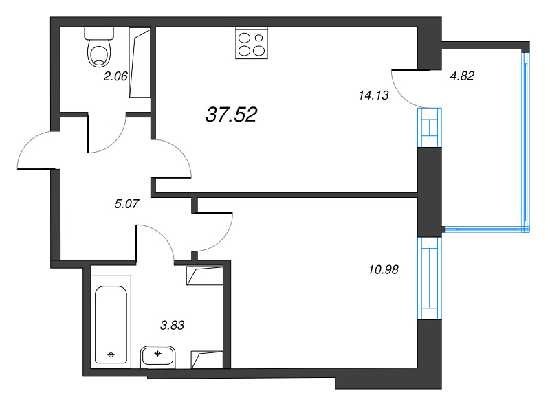 1-комнатная квартира, 37.52 м² в ЖК "Ю Гатчина" - планировка, фото №1