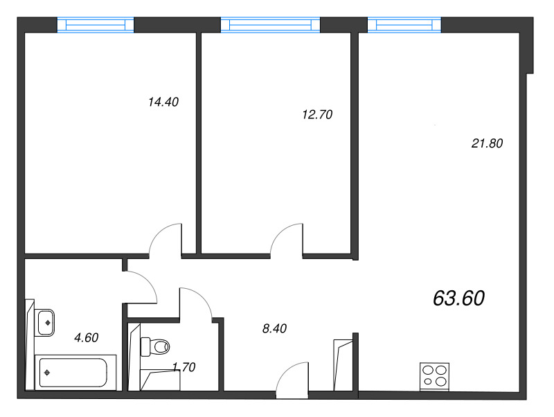 3-комнатная (Евро) квартира, 63.6 м² в ЖК "Руднева 15" - планировка, фото №1