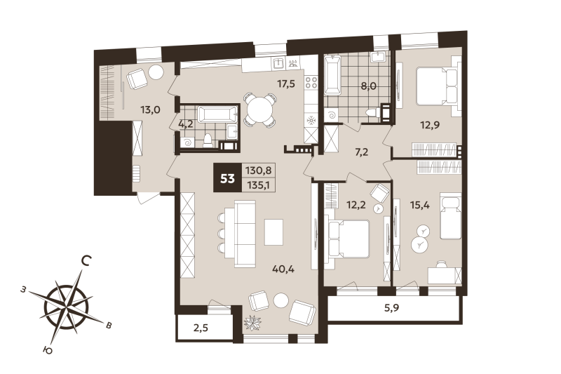 4-комнатная (Евро) квартира, 130.8 м² в ЖК "Дом на Бронницкой" - планировка, фото №1
