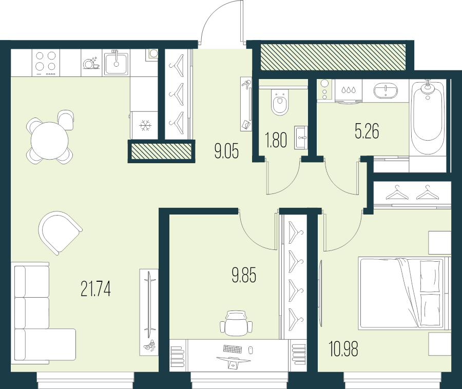 3-комнатная (Евро) квартира, 58.68 м² в ЖК "Новая Земля" - планировка, фото №1