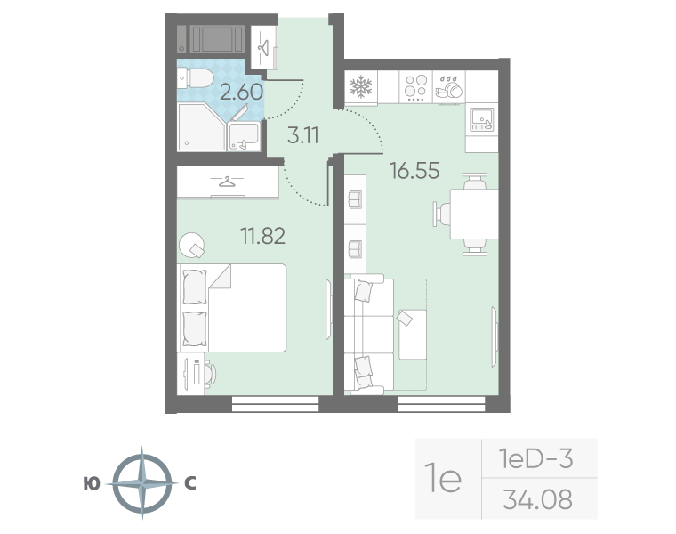 2-комнатная (Евро) квартира, 34.08 м² в ЖК "Морская миля" - планировка, фото №1