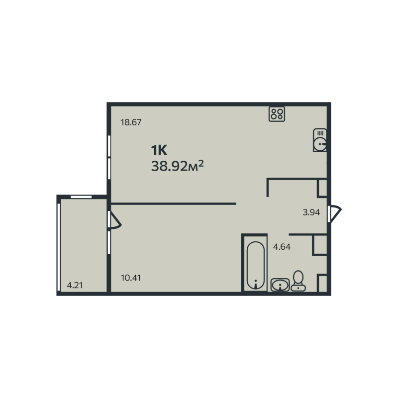 2-комнатная (Евро) квартира, 38.92 м² в ЖК "Эдельвейс.Выборг" - планировка, фото №1