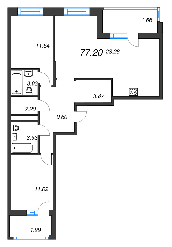 4-комнатная (Евро) квартира, 77.2 м² в ЖК "Аквилон Верба" - планировка, фото №1