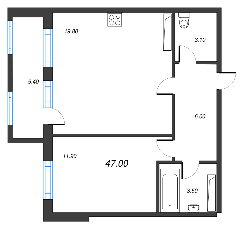 2-комнатная (Евро) квартира, 47 м² - планировка, фото №1