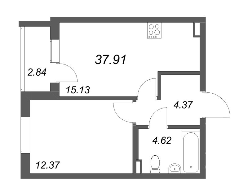 2-комнатная (Евро) квартира, 37.91 м² в ЖК "Новая история" - планировка, фото №1