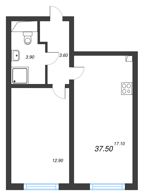 2-комнатная (Евро) квартира, 37.5 м² в ЖК "Ручьи" - планировка, фото №1
