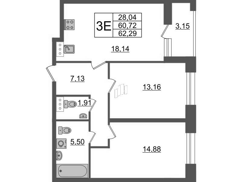3-комнатная (Евро) квартира, 62.29 м² - планировка, фото №1