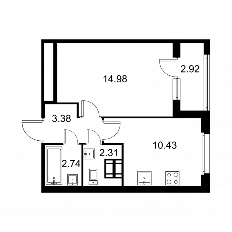 1-комнатная квартира, 35.3 м² - планировка, фото №1