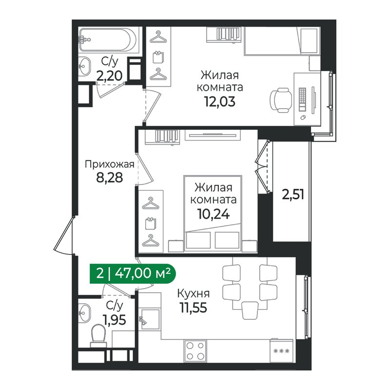 2-комнатная квартира, 47 м² в ЖК "Сертолово Парк" - планировка, фото №1
