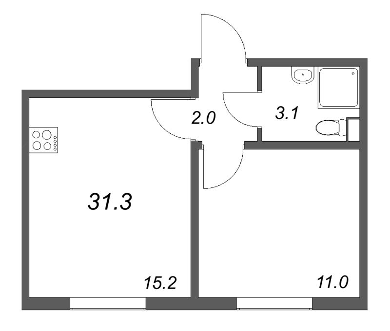 2-комнатная (Евро) квартира, 31.3 м² в ЖК "ЛСР. Ржевский парк" - планировка, фото №1