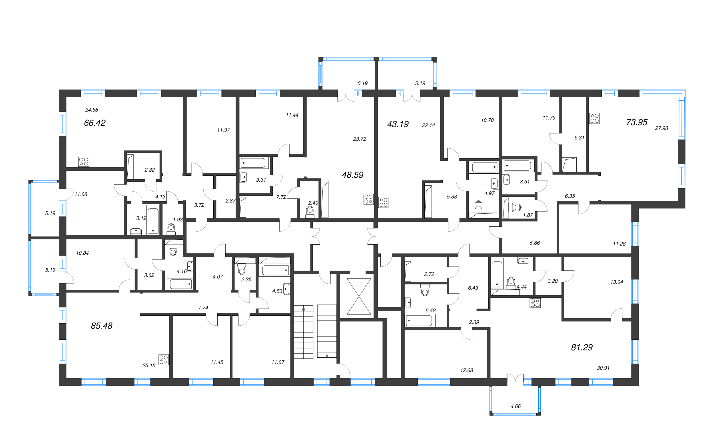 3-комнатная (Евро) квартира, 81.29 м² - планировка этажа