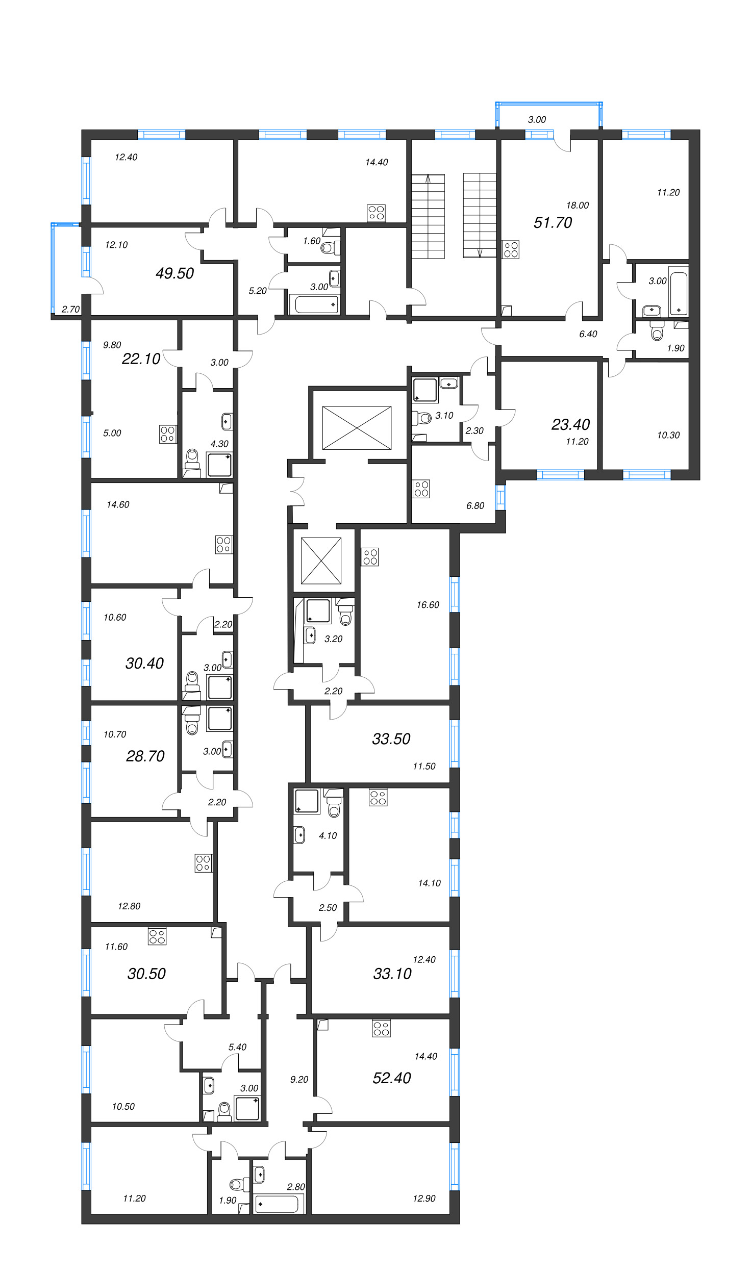 3-комнатная (Евро) квартира, 51.7 м² - планировка этажа