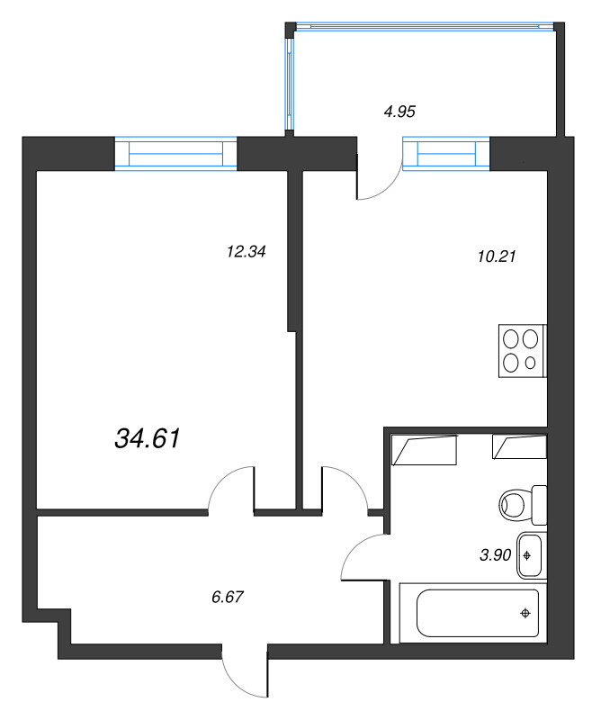 1-комнатная квартира, 34.61 м² - планировка, фото №1