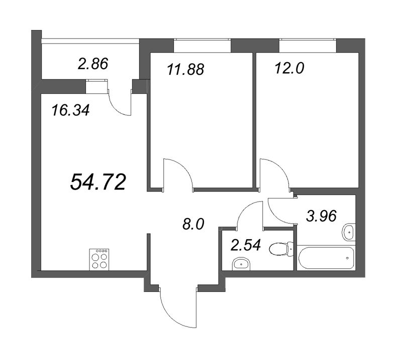 3-комнатная (Евро) квартира, 51.34 м² - планировка, фото №1