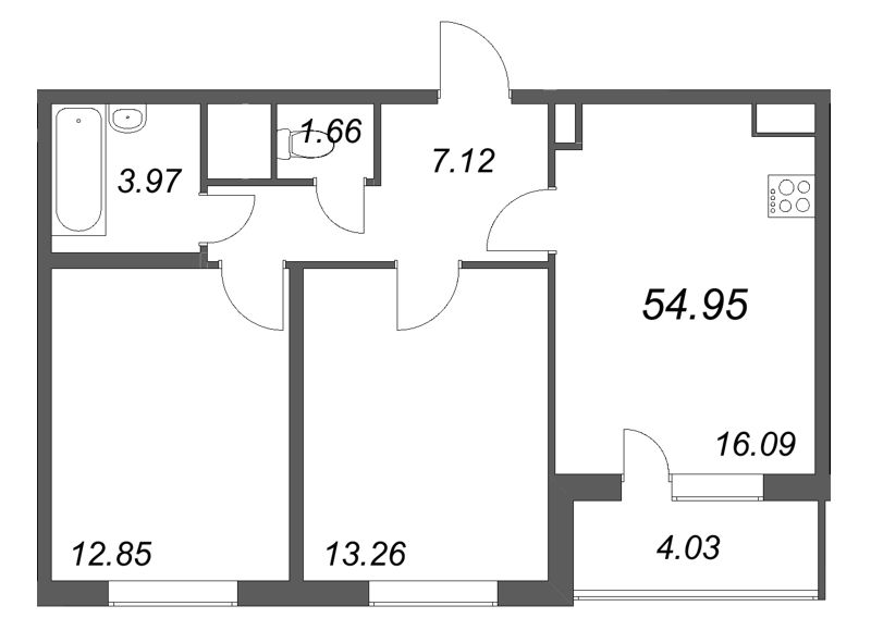 3-комнатная (Евро) квартира, 54.95 м² в ЖК "ЮгТаун" - планировка, фото №1
