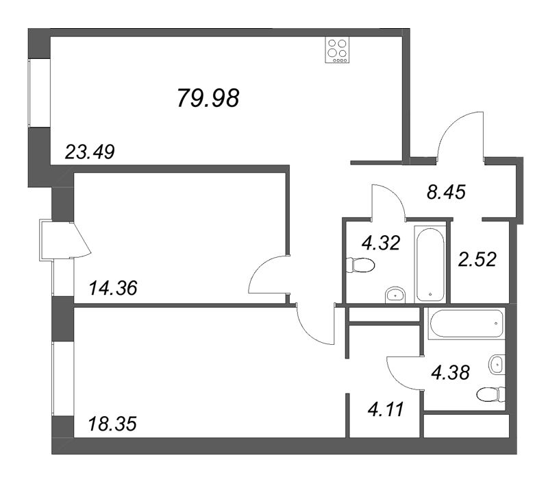 3-комнатная (Евро) квартира, 79.98 м² в ЖК "Avant" - планировка, фото №1