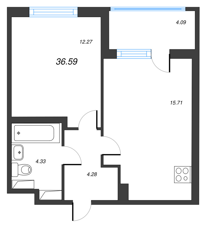 2-комнатная (Евро) квартира, 36.59 м² в ЖК "ЮгТаун" - планировка, фото №1