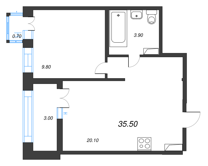 1-комнатная квартира, 35.5 м² в ЖК "NewПитер 2.0" - планировка, фото №1