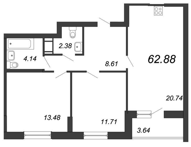 3-комнатная (Евро) квартира, 63.2 м² - планировка, фото №1