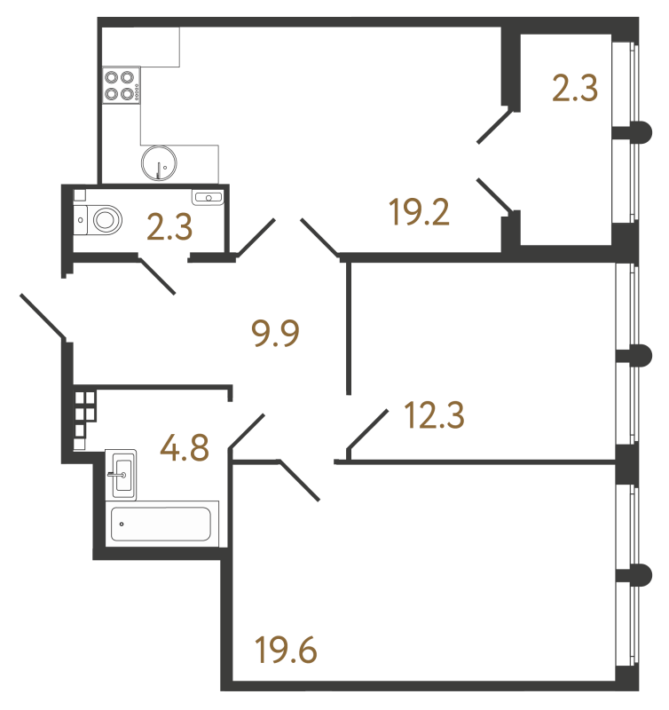 3-комнатная (Евро) квартира, 68.1 м² в ЖК "МИРЪ" - планировка, фото №1