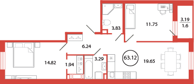 3-комнатная (Евро) квартира, 63.12 м² - планировка, фото №1