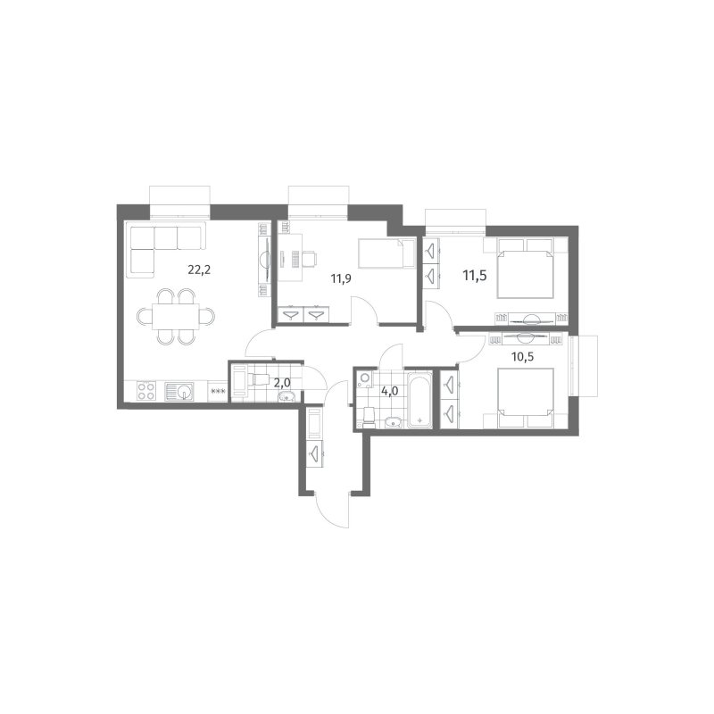 4-комнатная (Евро) квартира, 73.2 м² в ЖК "Парусная 1" - планировка, фото №1