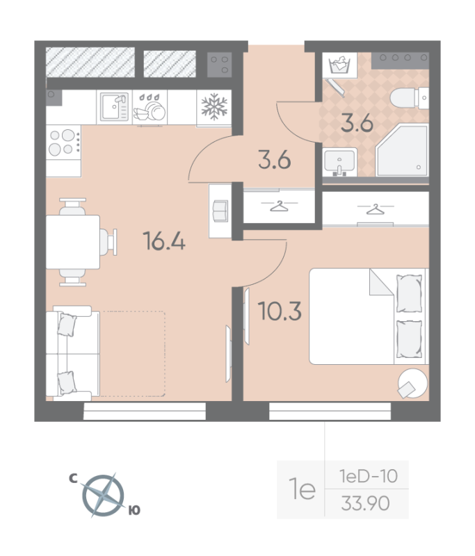2-комнатная (Евро) квартира, 33.9 м² - планировка, фото №1