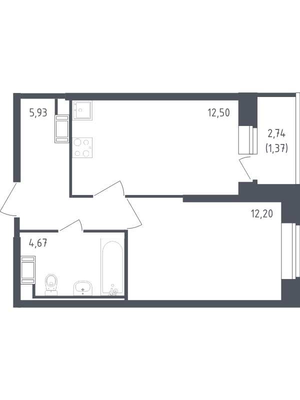 1-комнатная квартира, 36.67 м² - планировка, фото №1