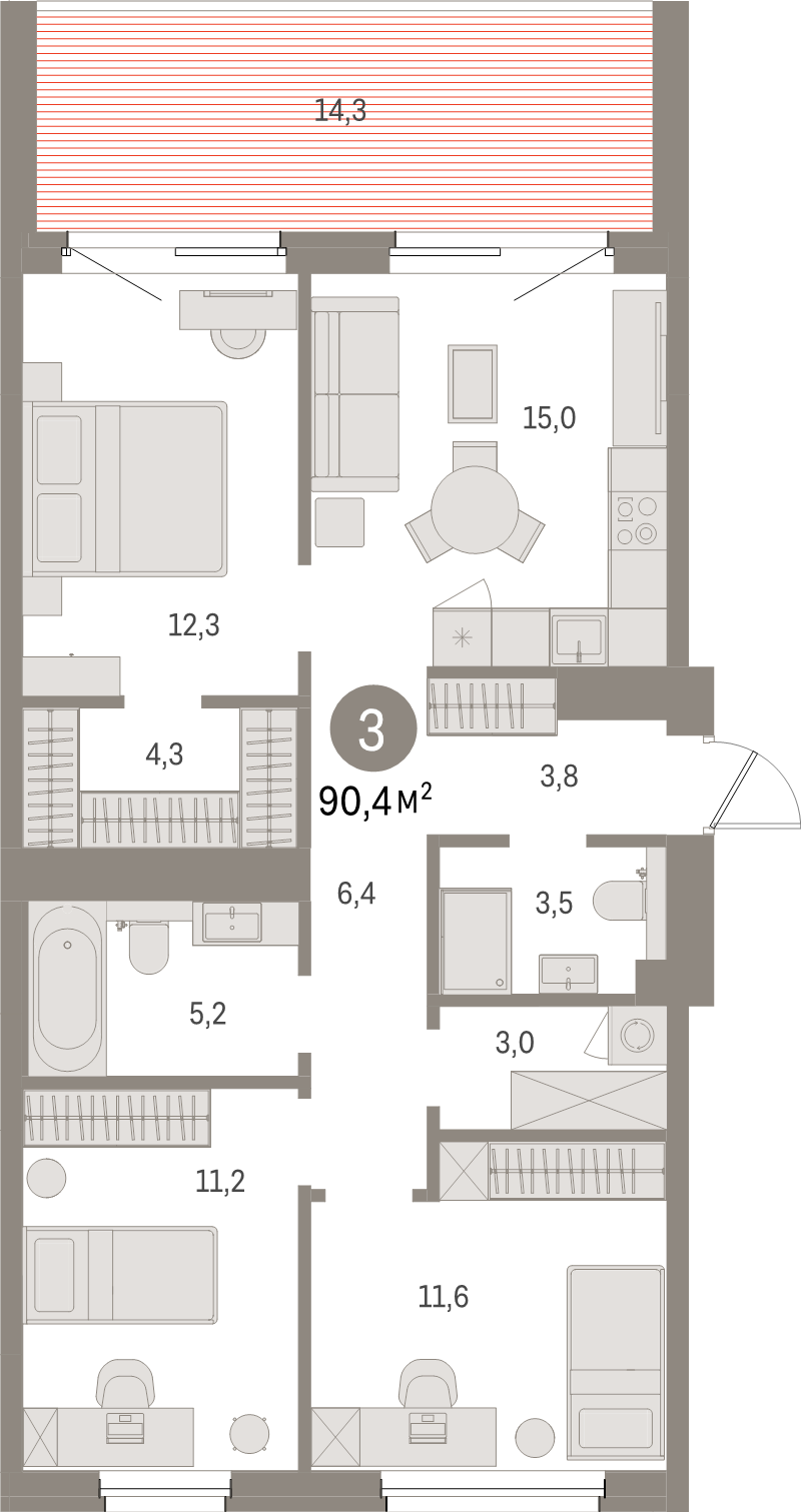 3-комнатная квартира, 90.4 м² в ЖК "Северный ветер" - планировка, фото №1