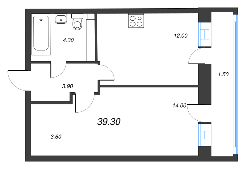 1-комнатная квартира, 40 м² - планировка, фото №1