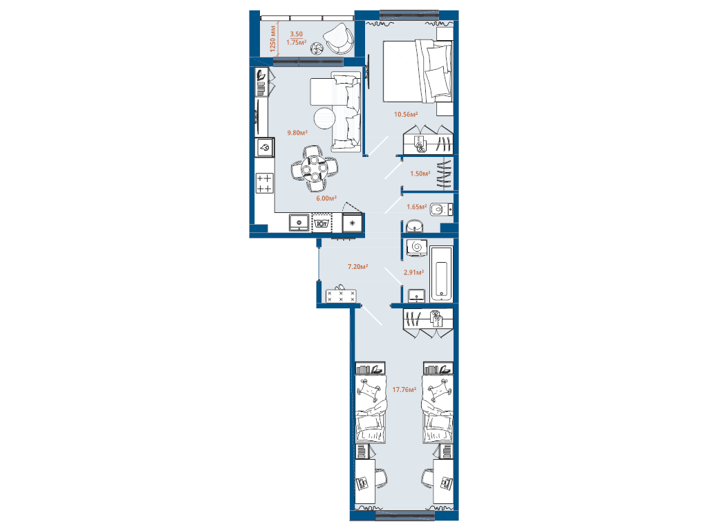 3-комнатная (Евро) квартира, 59.13 м² в ЖК "ЛесАрт" - планировка, фото №1