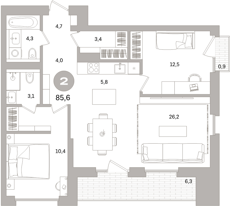2-комнатная квартира, 85.6 м² в ЖК "Северный ветер" - планировка, фото №1