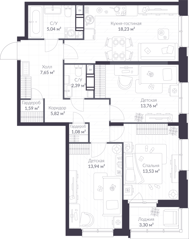 4-комнатная (Евро) квартира, 84.68 м² в ЖК "VEREN NORT сертолово" - планировка, фото №1