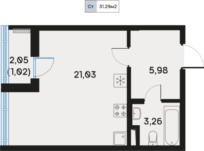 Квартира-студия, 31.29 м² - планировка, фото №1