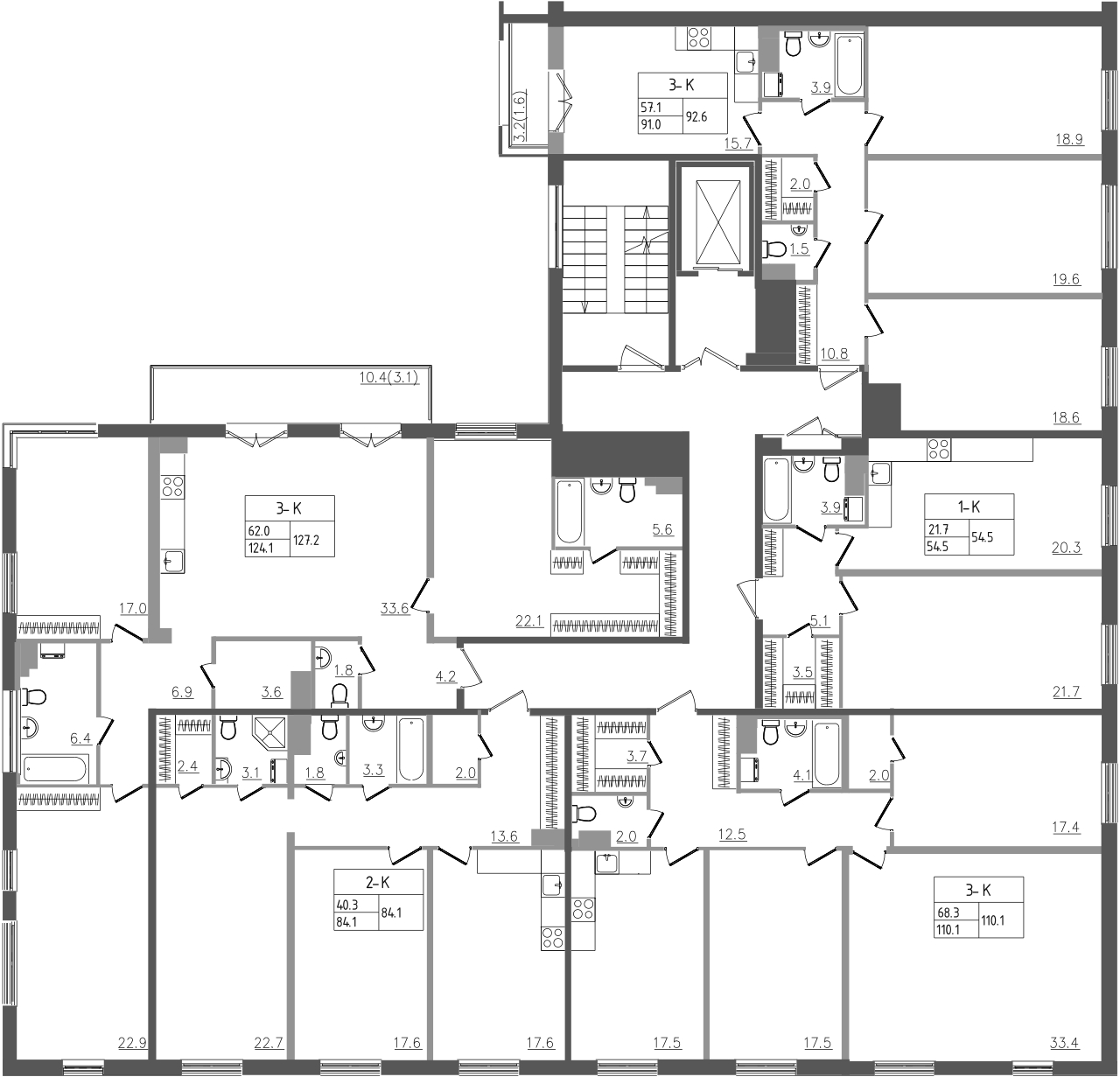 3-комнатная квартира, 92.6 м² в ЖК "Upoint" - планировка этажа