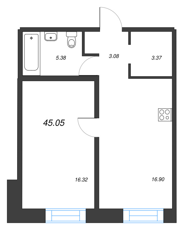 2-комнатная (Евро) квартира, 45.05 м² в ЖК "Alpen" - планировка, фото №1