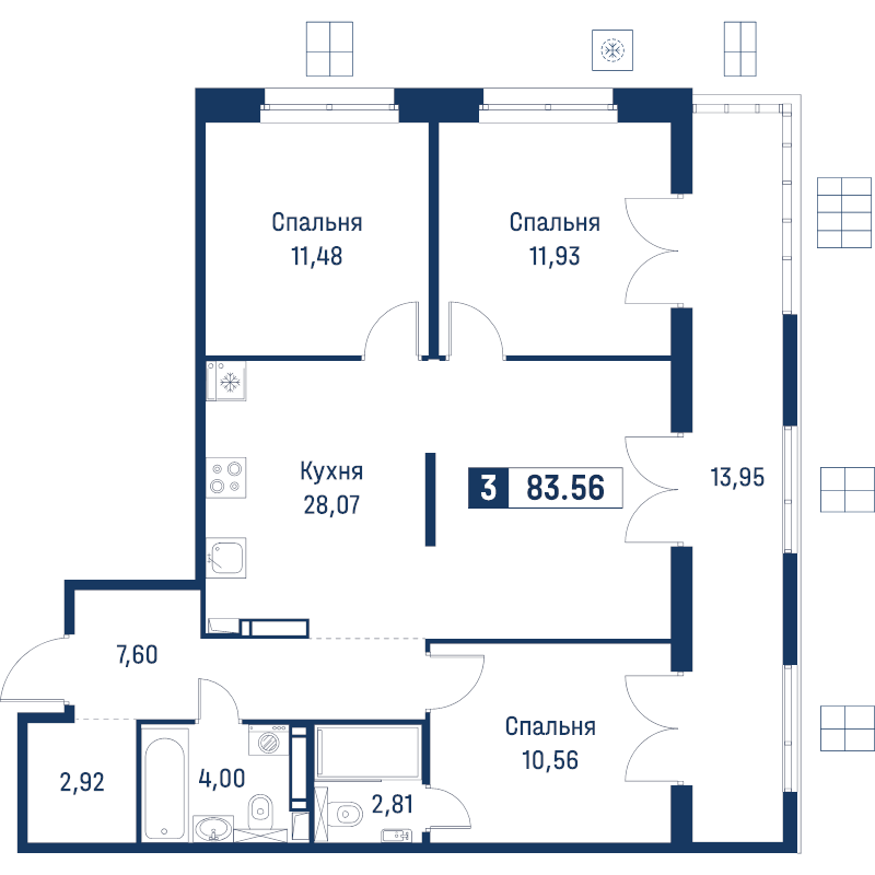 4-комнатная (Евро) квартира, 83.56 м² в ЖК "Символист" - планировка, фото №1