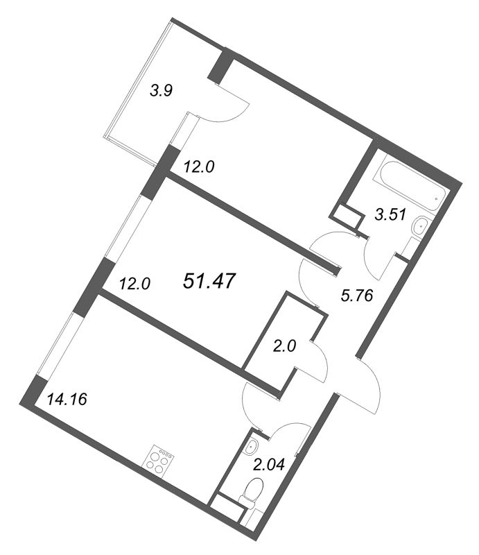 2-комнатная квартира, 51.47 м² - планировка, фото №1