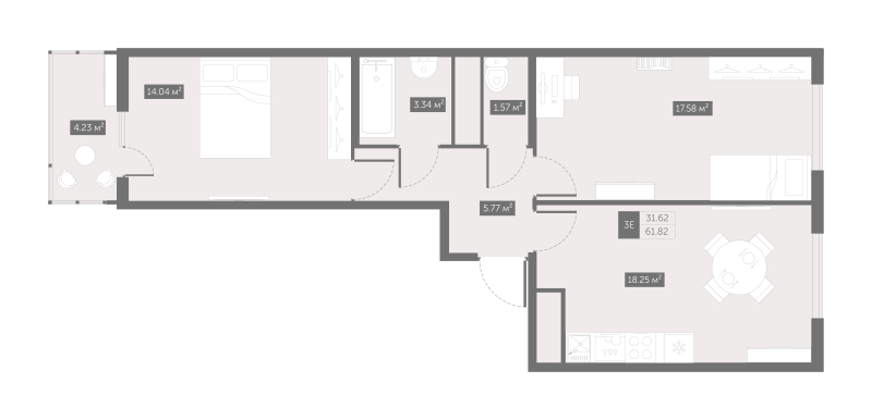 3-комнатная (Евро) квартира, 61.82 м² - планировка, фото №1