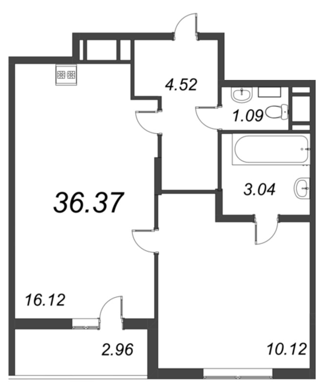 2-комнатная (Евро) квартира, 36.37 м² - планировка, фото №1