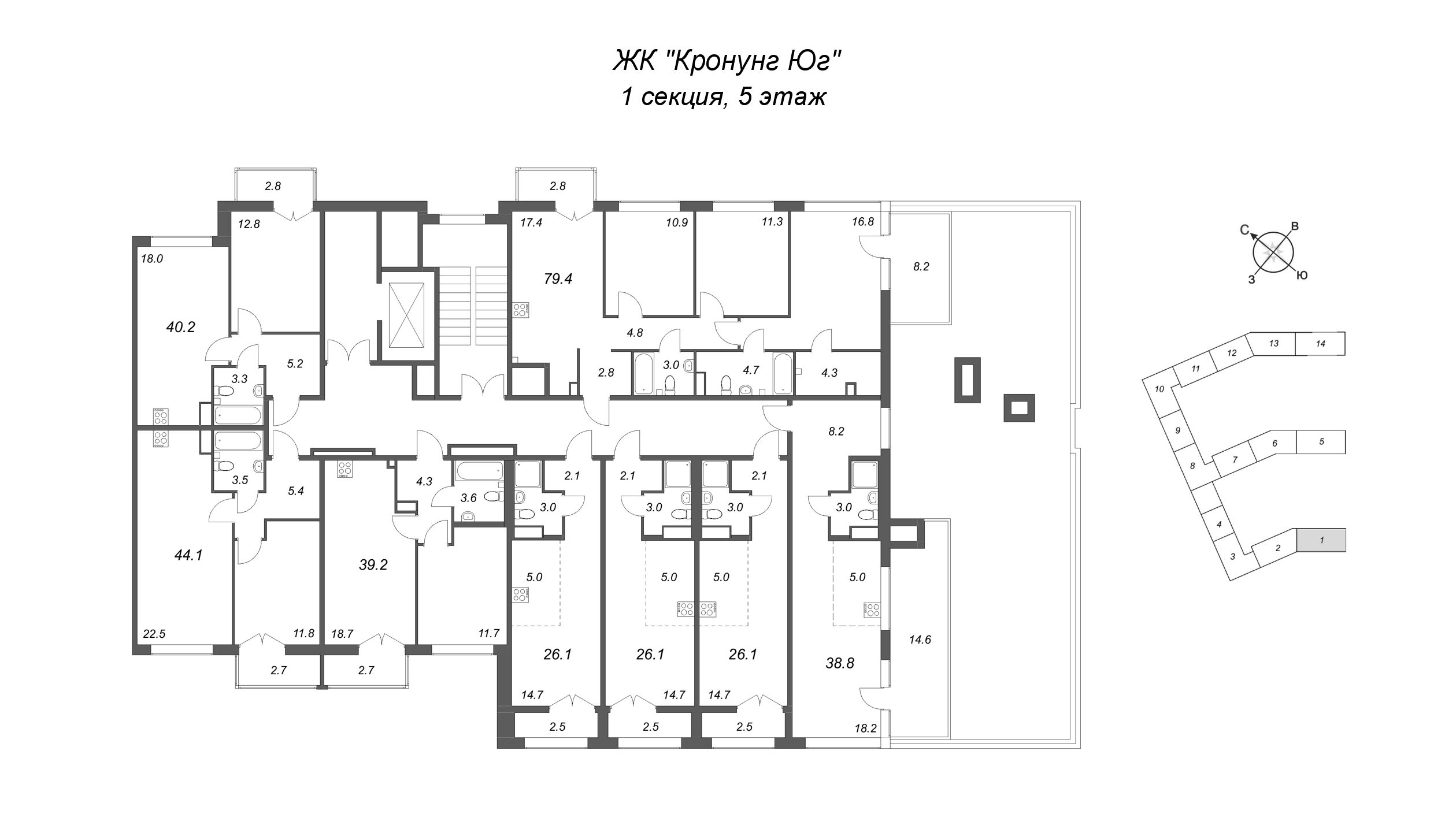 Квартира-студия, 26.1 м² в ЖК "Кронунг ЮГ" - планировка этажа